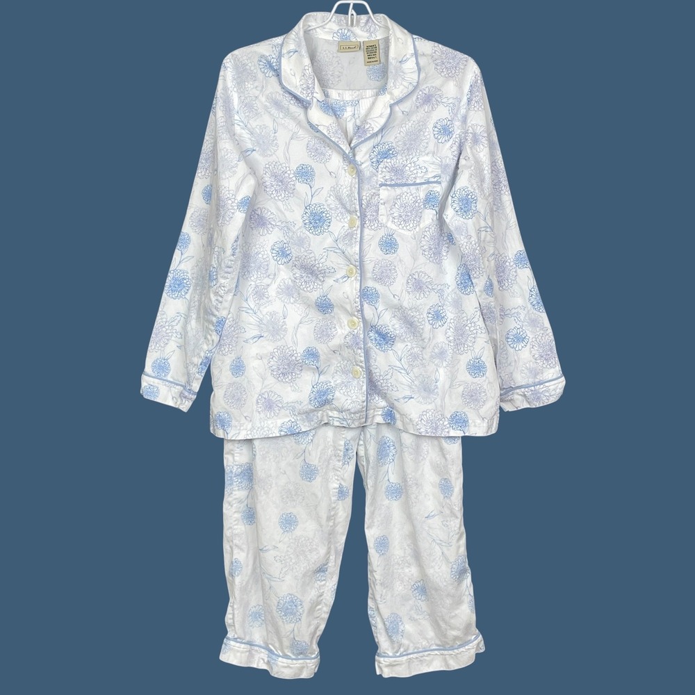 LL Bean Blue White Floral Pajama Set Womens M 100% Cotton Coastal Cottagecore